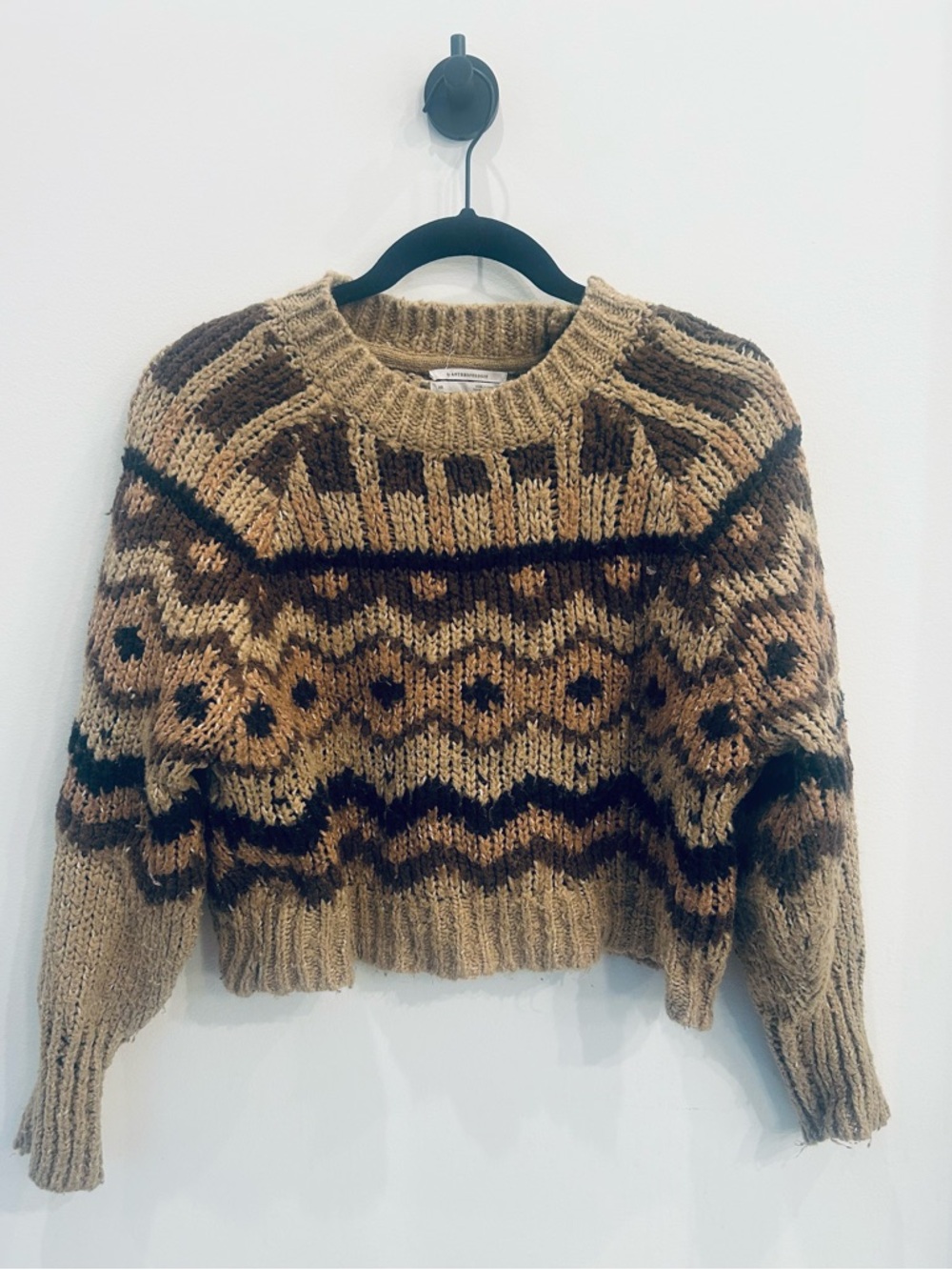 Anthropologie Tan & Brown Patterned Fair Isle Crewneck Sweater